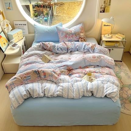 茉礼 2025新款高克重ins风超柔软软糯糯小清新卡通印花水洗棉四件套 洛丽小熊