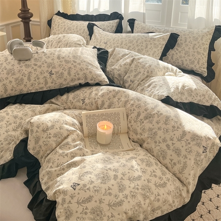 91家纺网 家纺一手货源 找家纺 （总）羚羊语家纺 2025新款春夏ins40支全棉韩式花边款轻法式13372小清新喷气印花纯棉四件套被套床单床笠三件套