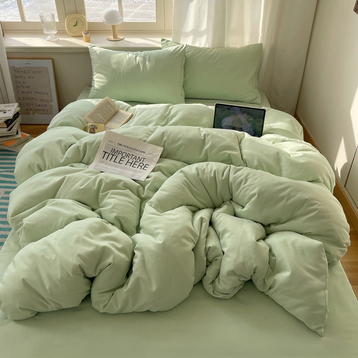 91家纺网 家纺一手货源 找家纺 芷凡家纺 2025新款亲肤棉纯色双拼四件套 浅绿