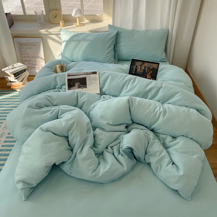 91家纺网 家纺一手货源 找家纺 芷凡家纺 2025新款亲肤棉纯色双拼四件套 蓝灰