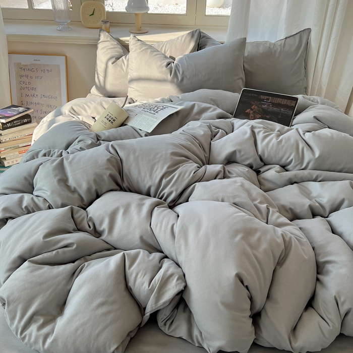 91家纺网 家纺一手货源 找家纺 芷凡家纺 2025新款亲肤棉纯色双拼四件套 浅灰