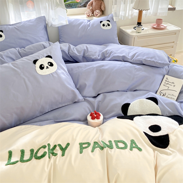 91家纺网 家纺一手货源 找家纺 盛秋家纺 2025新款A类水洗棉毛巾绣四件套-胖达 胖达-星黛紫