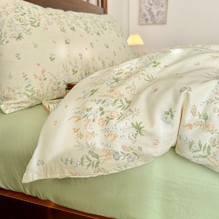 91家纺网 家纺一手货源 找家纺 呗旺鹿 2025新款A类母婴级全棉有氧双层纱印花四件套 绿姿