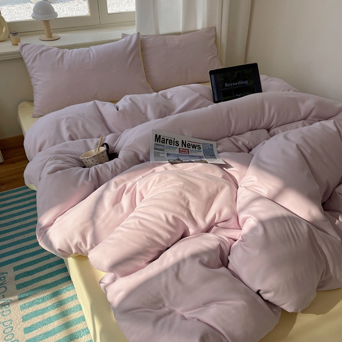 91家纺网 家纺一手货源 找家纺 芷凡家纺 2025新款亲肤棉纯色双拼四件套 丁香紫+奶黄