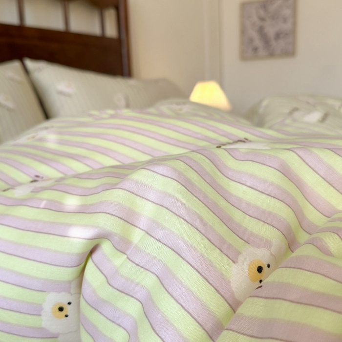 91家纺网 家纺一手货源 找家纺 呗旺鹿 2025新款A类母婴级全棉有氧双层纱印花四件套 哈哈狗