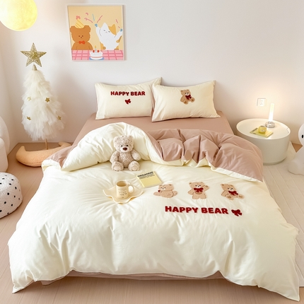 91家纺网 家纺一手货源 找家纺 眷恋家纺 2025新款全棉纯棉卡通毛巾绣三件套四件套 大大熊-米黄