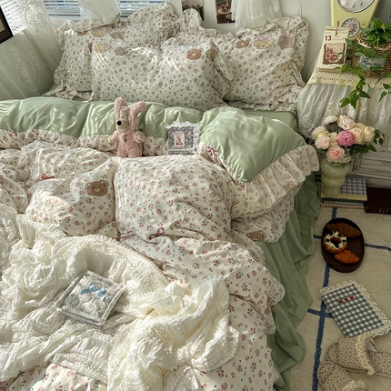 91家纺网 家纺一手货源 找家纺 （总）原素 2025新款韩系小花卉花边水洗棉四件套
