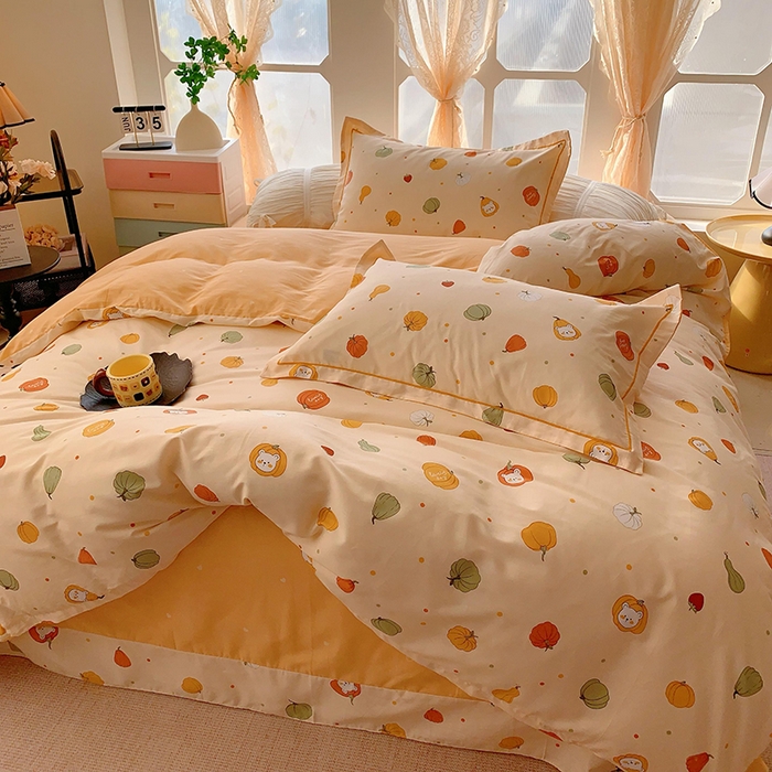 91家纺网 家纺一手货源 找家纺 2025新款亲肤舒适小清新全棉四件套 元气南瓜