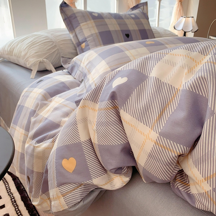 91家纺网 家纺一手货源 找家纺 2025新款亲肤舒适小清新全棉四件套小号标准都有 爱心蓝格