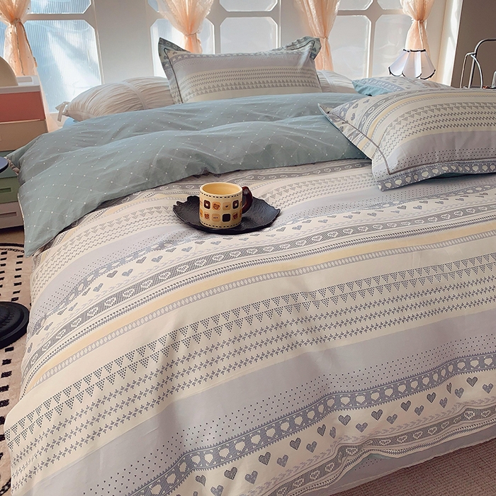 91家纺网 家纺一手货源 找家纺 2025新款亲肤舒适小清新全棉四件套 幸福里蓝