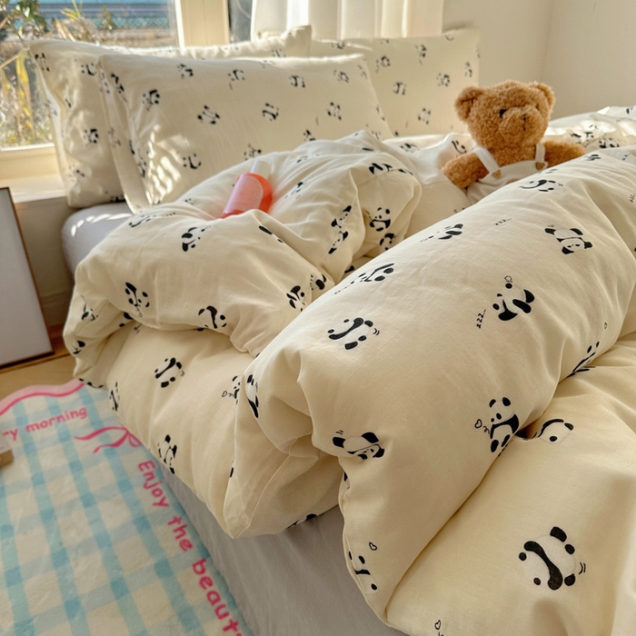 91家纺网 家纺一手货源 找家纺 雅居纺家纺 2025新款全棉双层纱四件套 睡睡熊