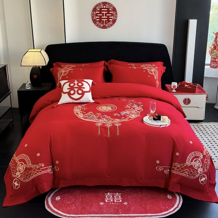 豪美鑫 2025新款婚庆磨毛刺绣四件套 花好月圆