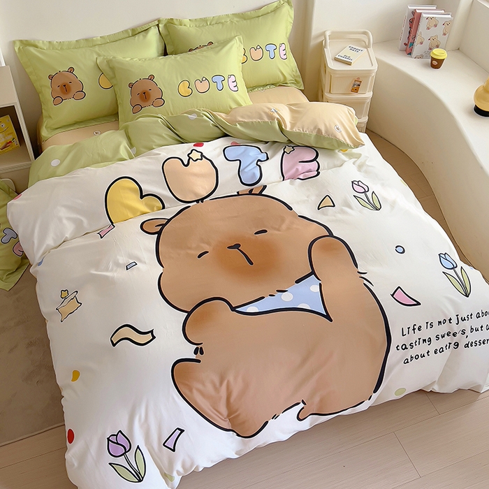 91家纺网 家纺一手货源 找家纺 浩诚 2025新款专版卡皮巴拉纯棉全棉卡通大版四件套-原创水豚卡卡【 提供买家秀 】 水豚巴拉