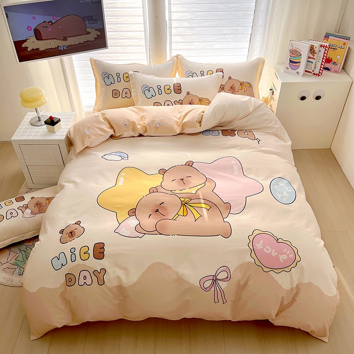 91家纺网 家纺一手货源 找家纺 浩诚 2025新款专版卡皮巴拉纯棉全棉卡通大版四件套-原创水豚卡卡【 提供买家秀 】 睡梦巴拉