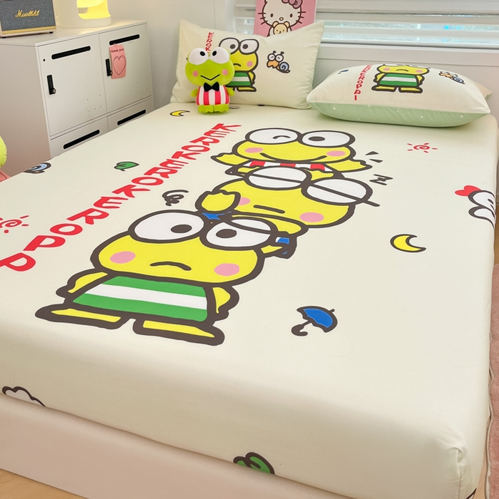 91家纺网 家纺一手货源 找家纺 暮思家居 2025新款正版授权三丽鸥大阪全棉数码印花纯棉单品床笠（第二批） A版-兄弟大眼蛙