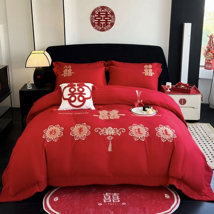 豪美鑫 2025新款婚庆磨毛刺绣四件套 好事连连