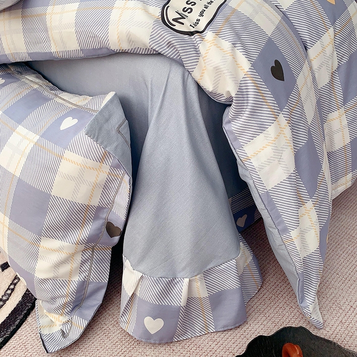 91家纺网 家纺一手货源 找家纺 2025新款亲肤舒适小清新全棉四件套小号标准都有 爱心蓝格