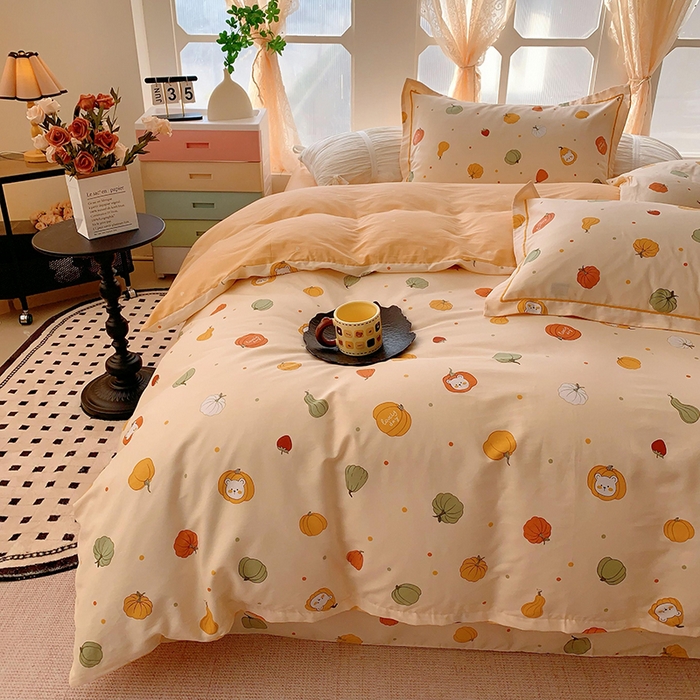 91家纺网 家纺一手货源 找家纺 2025新款亲肤舒适小清新全棉四件套 元气南瓜