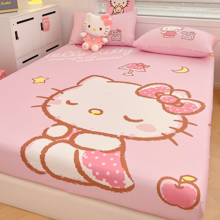 91家纺网 家纺一手货源 找家纺 暮思家居 2025新款正版授权三丽鸥大阪全棉数码印花纯棉单品床笠（第二批） A版-晚安凯蒂