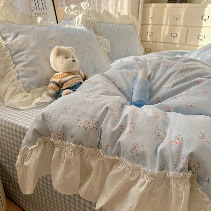 91家纺网 家纺一手货源 找家纺 瑞莱 2025新款全棉韩版花边印花四件套 韩版花仙兔