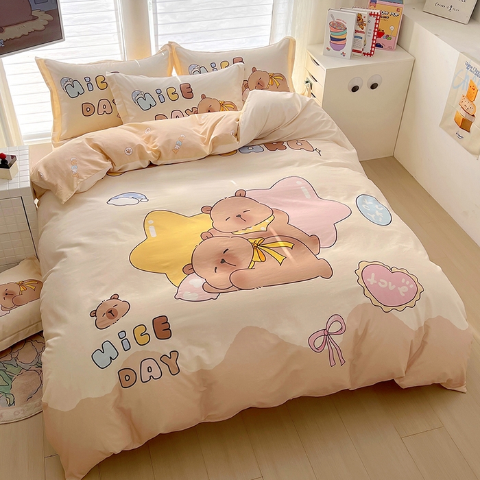 91家纺网 家纺一手货源 找家纺 浩诚 2025新款专版卡皮巴拉纯棉全棉卡通大版四件套-原创水豚卡卡【 提供买家秀 】 睡梦巴拉