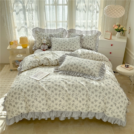 91家纺网 家纺一手货源 找家纺 忘忧草 2025新款全棉小清新床裙四件套 倾城繁花 灰
