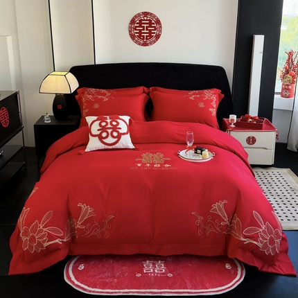 豪美鑫 2025新款婚庆磨毛刺绣四件套 百年好合