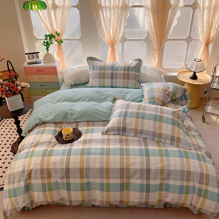 91家纺网 家纺一手货源 找家纺 2025新款亲肤舒适小清新全棉四件套 西格蓝