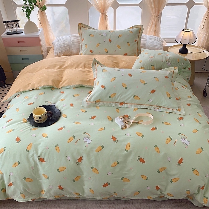 91家纺网 家纺一手货源 找家纺 2025新款亲肤舒适小清新全棉四件套 萝卜蹲绿