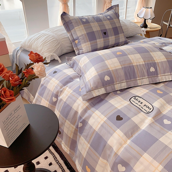 91家纺网 家纺一手货源 找家纺 2025新款亲肤舒适小清新全棉四件套小号标准都有 爱心蓝格