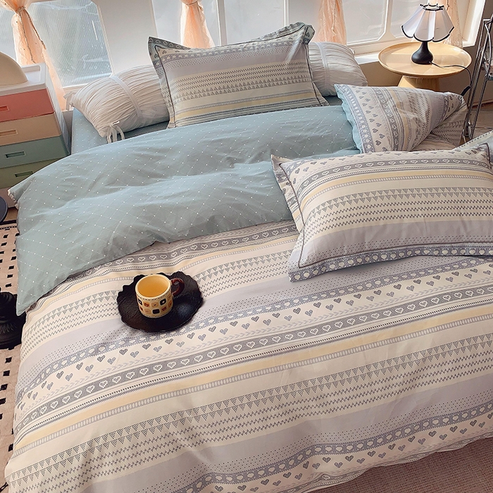 91家纺网 家纺一手货源 找家纺 2025新款亲肤舒适小清新全棉四件套 幸福里蓝