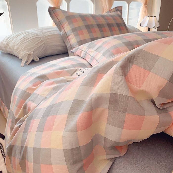 91家纺网 家纺一手货源 找家纺 2025新款亲肤舒适小清新全棉四件套小号标准都有 粉格