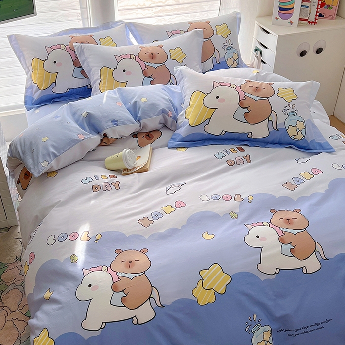 91家纺网 家纺一手货源 找家纺 浩诚 2025新款专版卡皮巴拉纯棉全棉卡通大版四件套-原创水豚卡卡【 提供买家秀 】 旋转巴拉