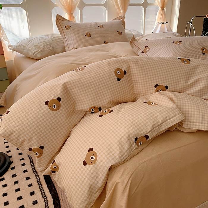 91家纺网 家纺一手货源 找家纺 2025新款亲肤舒适小清新全棉四件套小号标准都有 小浣熊咖