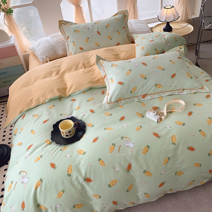 91家纺网 家纺一手货源 找家纺 2025新款亲肤舒适小清新全棉四件套 萝卜蹲绿