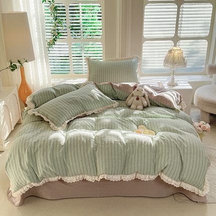 棉小二 2025新款全棉色织花边提花水洗棉四件套-麦香 麦香-绿色