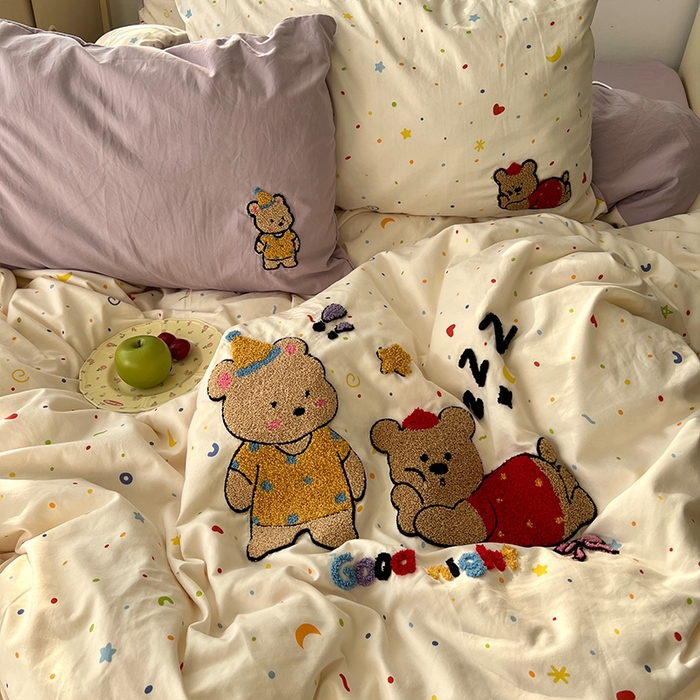 91家纺网 家纺一手货源 找家纺 原素 2025新款萌到心窝窝的毛巾绣四件套 两只小熊