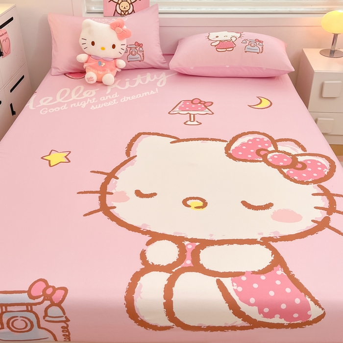 91家纺网 家纺一手货源 找家纺 暮思家居 2025新款正版授权三丽鸥大阪全棉数码印花纯棉单品床笠（第二批） A版-晚安凯蒂