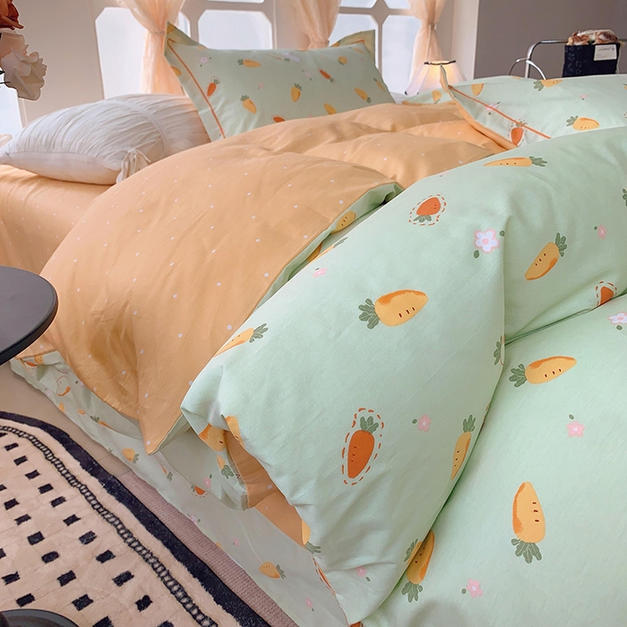 91家纺网 家纺一手货源 找家纺 2025新款亲肤舒适小清新全棉四件套小号标准都有 萝卜蹲绿