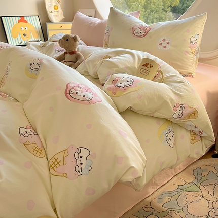 91家纺网 家纺一手货源 找家纺 （总）茉礼 2025新款高克重ins风超柔软软糯糯小清新卡通印花水洗棉四件套