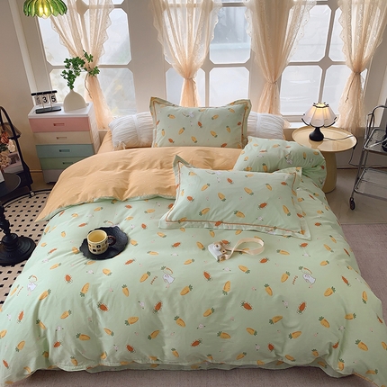 2025新款亲肤舒适小清新全棉四件套 萝卜蹲绿