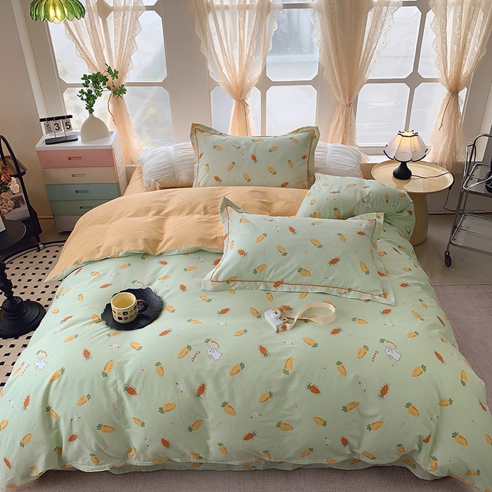 91家纺网 家纺一手货源 找家纺 2025新款亲肤舒适小清新全棉四件套 萝卜蹲绿