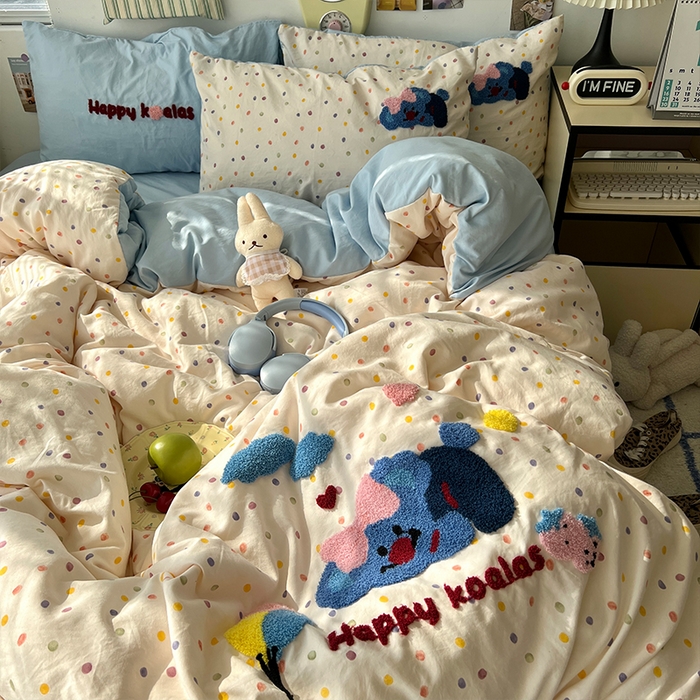 91家纺网 家纺一手货源 找家纺 原素 2025新款萌到心窝窝的毛巾绣四件套 开心考拉