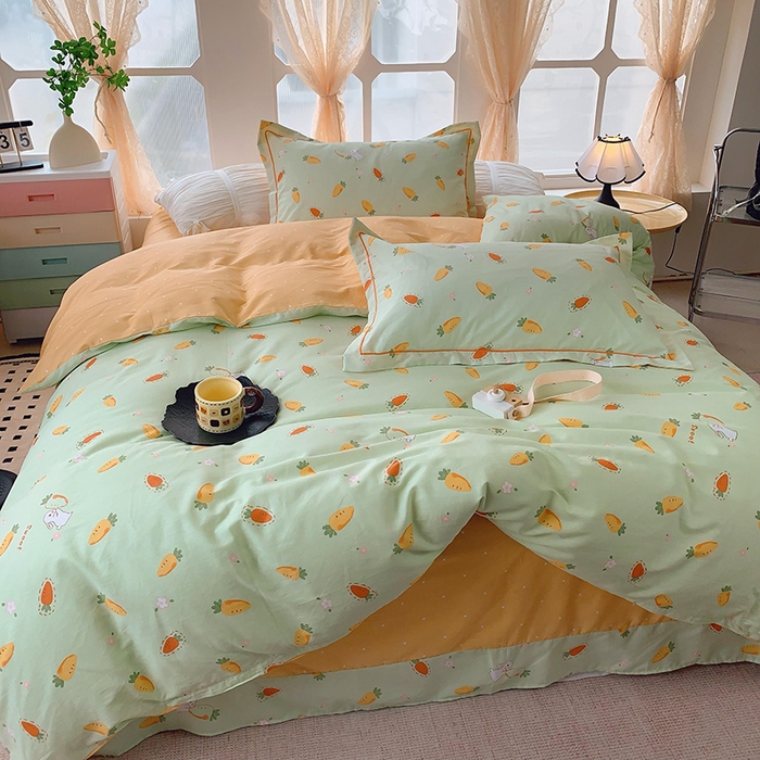 91家纺网 家纺一手货源 找家纺 2025新款亲肤舒适小清新全棉四件套 萝卜蹲绿