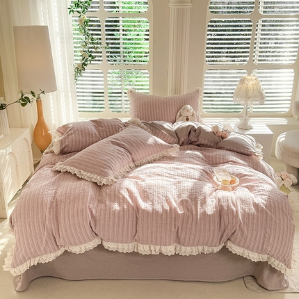 棉小二 2025新款全棉色织花边提花水洗棉四件套-麦香 麦香-粉色