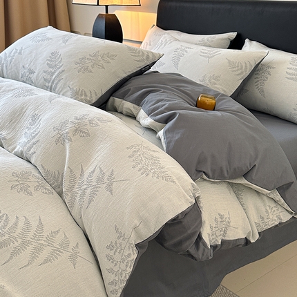 格里芬家纺 2025新款全棉色织水洗三层纱提花纯棉四件套 蕨叶-灰