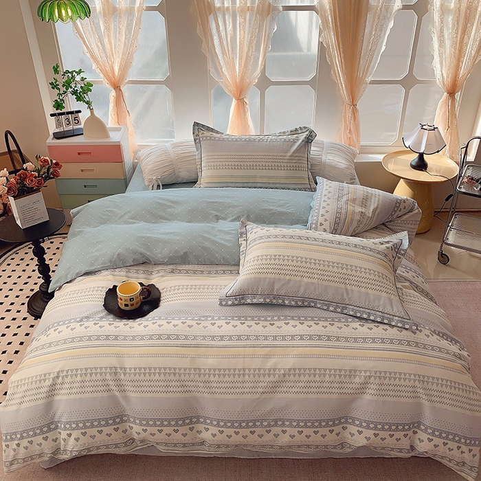 91家纺网 家纺一手货源 找家纺 2025新款亲肤舒适小清新全棉四件套 幸福里蓝