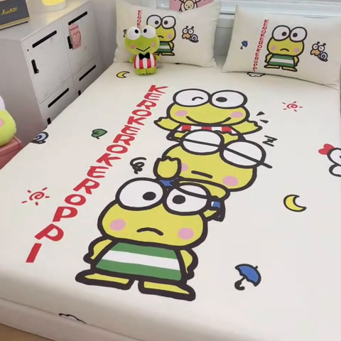 91家纺网 家纺一手货源 找家纺 暮思家居 2025新款正版授权三丽鸥大阪全棉数码印花纯棉单品床笠（第二批） A版-兄弟大眼蛙