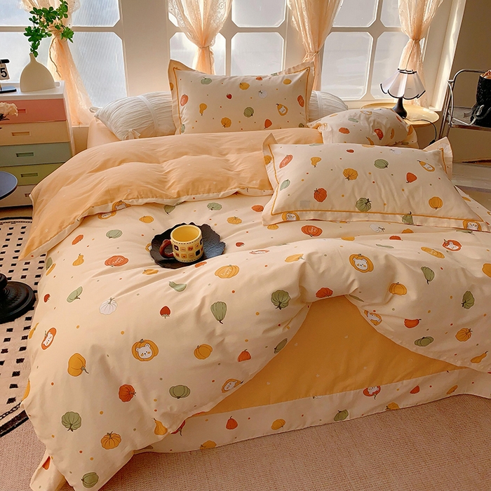 91家纺网 家纺一手货源 找家纺 2025新款亲肤舒适小清新全棉四件套 元气南瓜