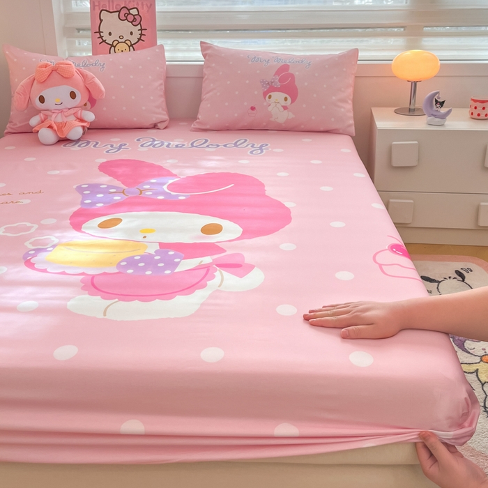 91家纺网 家纺一手货源 找家纺 暮思家居 2025新款正版授权三丽鸥大阪全棉数码印花纯棉单品床笠（第二批） A版-波点美乐蒂